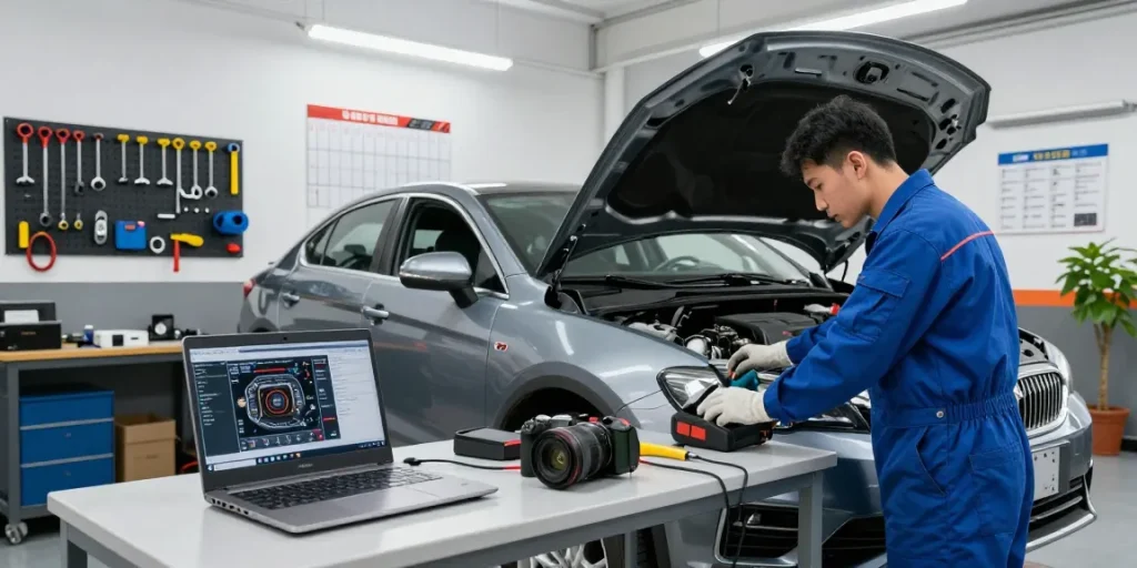 Mechanic diagnosing vehicle with advanced tools in a workshop, showcasing expertise in depo 5000.