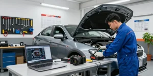 Mechanic diagnosing vehicle with advanced tools in a workshop, showcasing expertise in depo 5000.