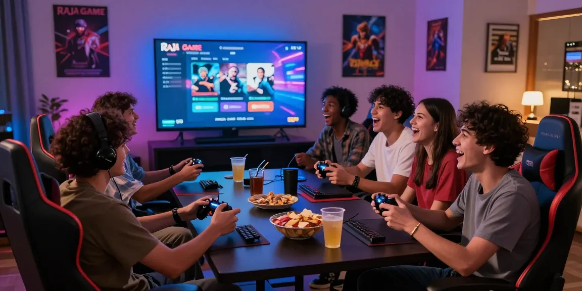 Raja Game login scene with friends enjoying gaming night.