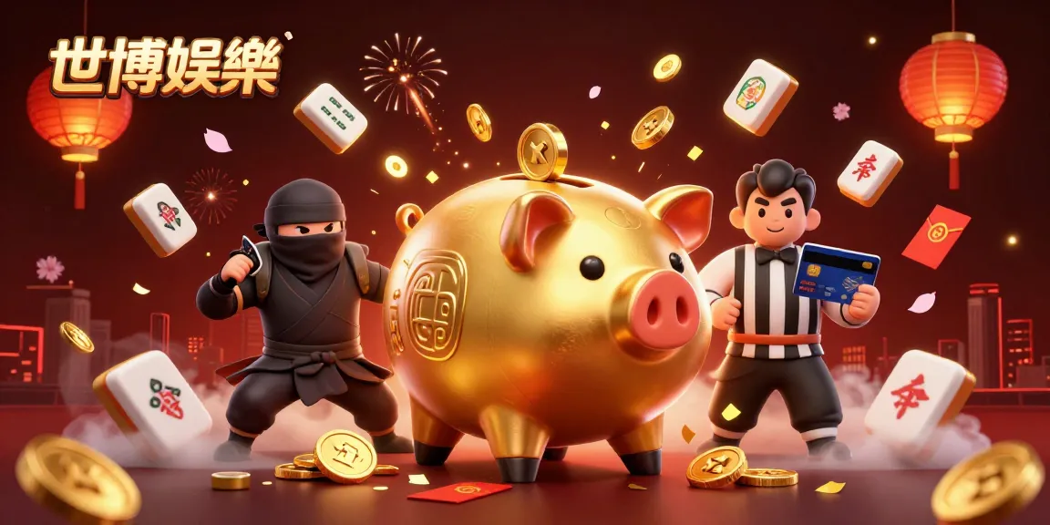 世博娛樂体验中，金色存钱罐力士与忍者对抗，周围遍布幸运元素与游戏道具。