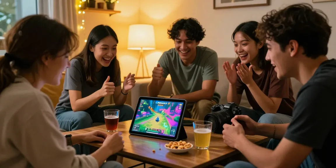 Friends enjoying the JaiClub gaming app together in a lively living room.