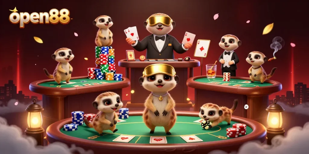 Experience the excitement of open88 casino with meerkats managing games and winning chips.