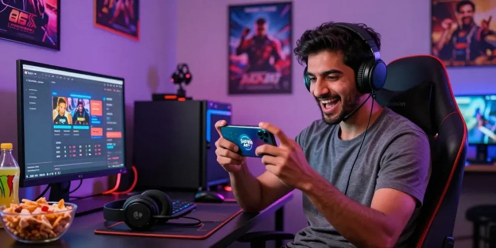 Engaging scene of a user enjoying the 345win bd gaming app on a smartphone, surrounded by a vibrant gaming atmosphere.