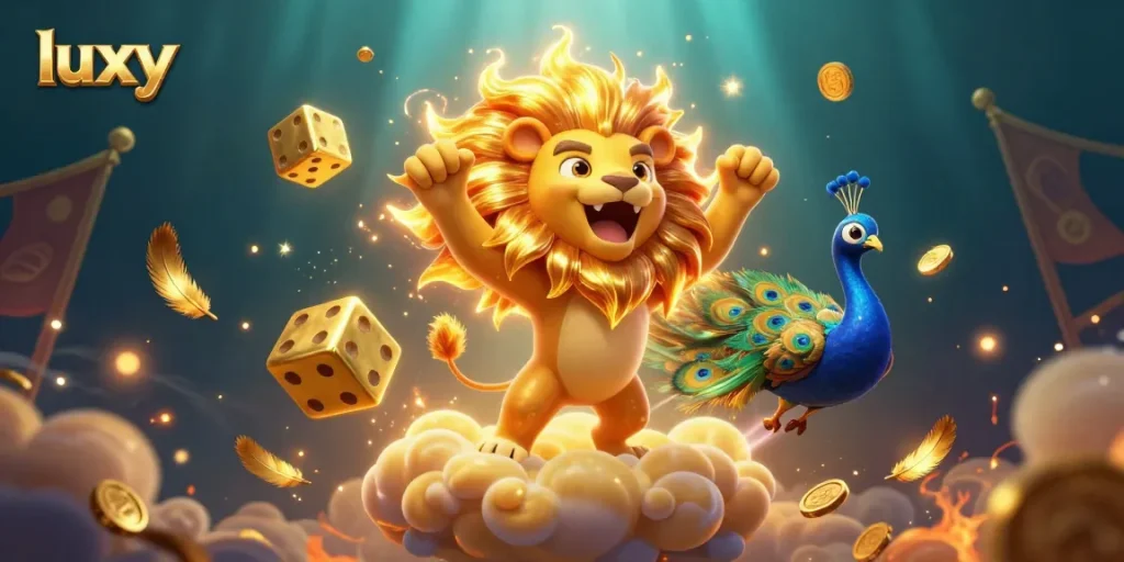 Experience the excitement of luxy gambling with a vibrant 3D casino illustration featuring golden dice and roaring lion.