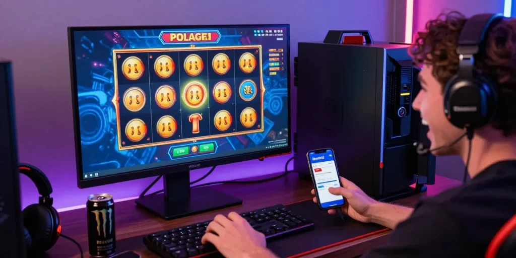 Slot online Dewa123, pemain antusias bermain game slot dengan grafis berwarna-warni dan aplikasi di smartphone.