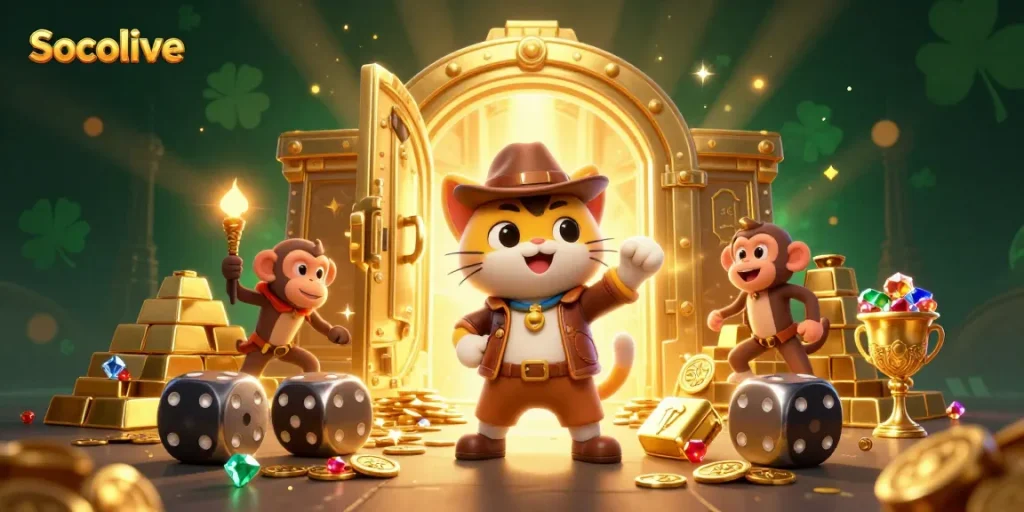 Socolive offers a cinematic 3D illustration of an archaeologist cat discovering treasures in a casino-themed temple.