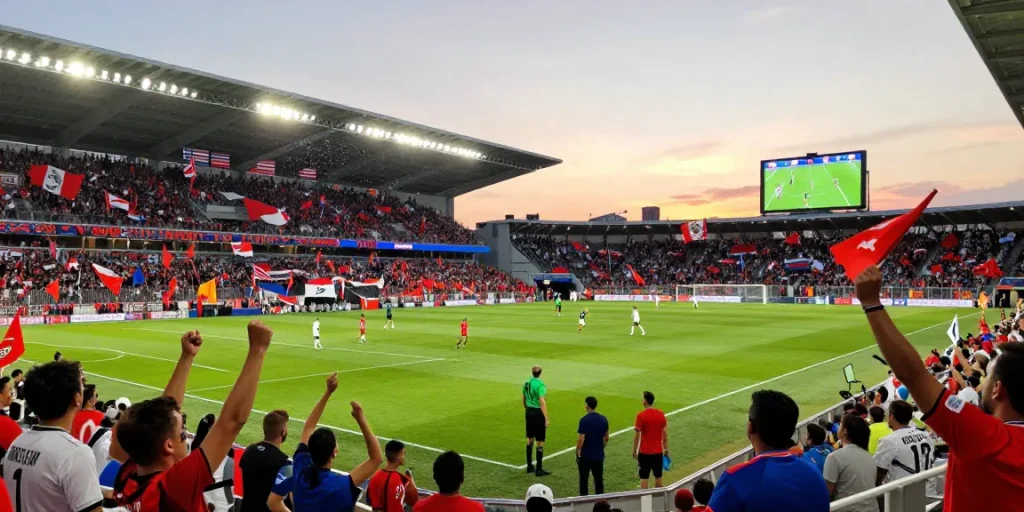 Exciting soccer match atmosphere with fans, players, and action for ihdsports.com.