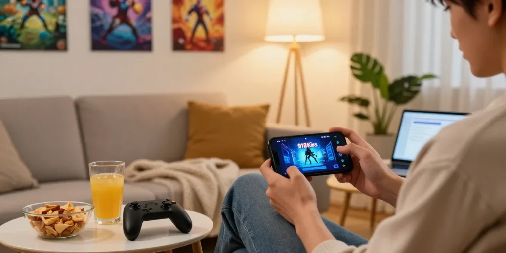 Enjoying the 918kiss original gaming experience on a smartphone in a cozy home setup.
