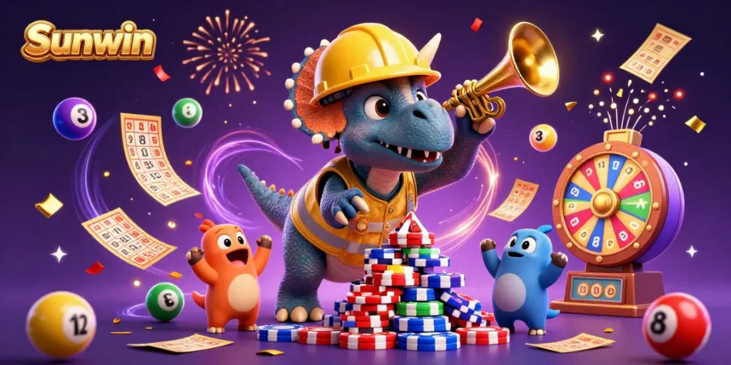Sunwin's lively triceratops celebrates a lottery win amidst vibrant game elements.