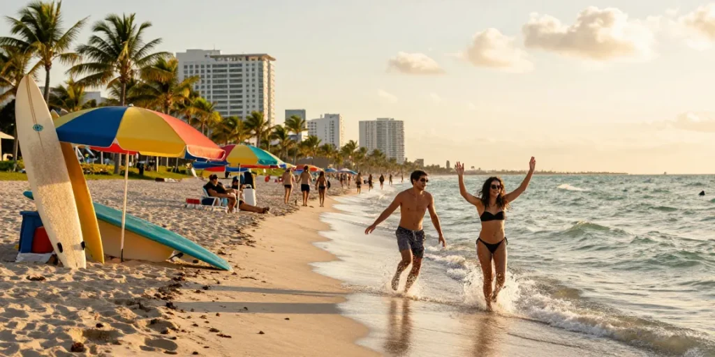 Teman menikmati pantai Miami dengan ombak dan payung berwarna, https://miami4d.com/ sebagai destinasi petualangan