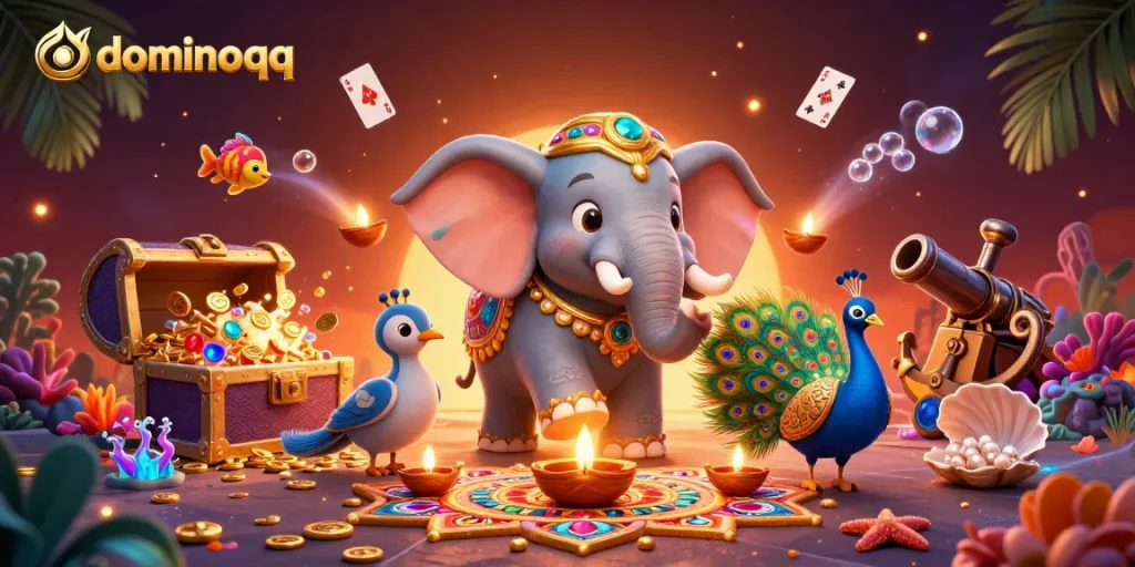 Play exciting dominoqq games surrounded by colorful elements, gold coins, and festive characters