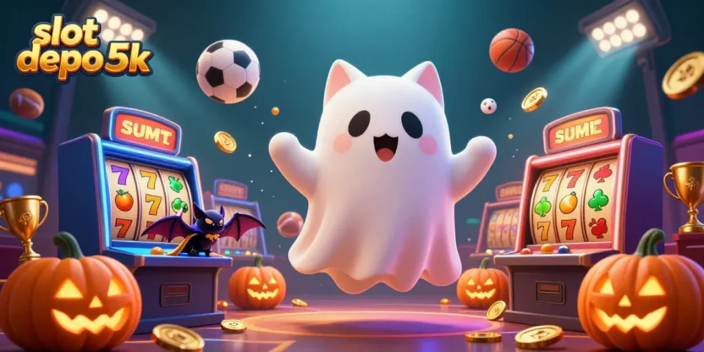 Experience thrilling wins at slot depo 5k with lively characters in a casino scene full of jackpot excitement.