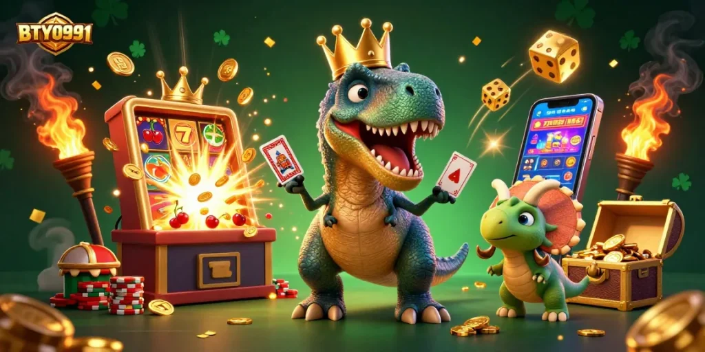 Engage with exciting gaming moments in BTY0991's vibrant casino illustration filled with dinosaurs.