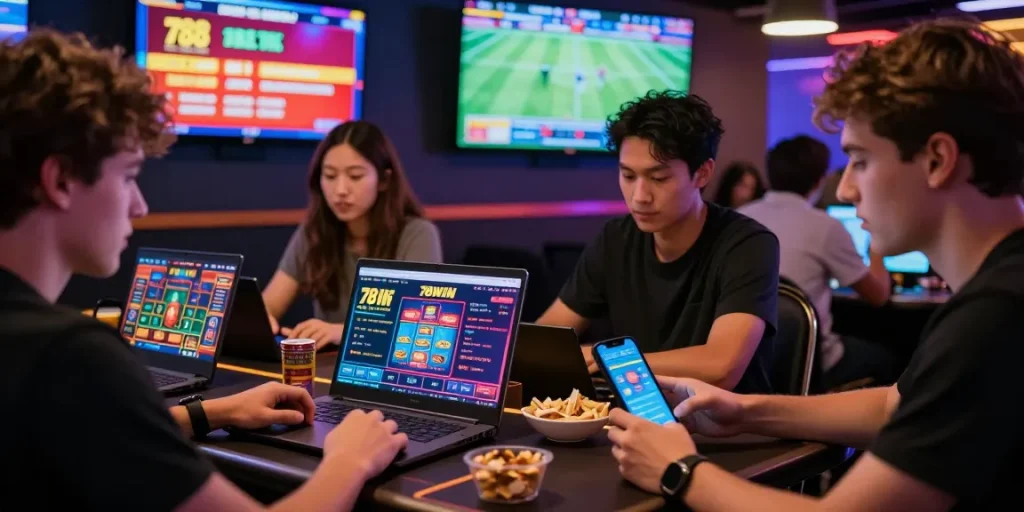 Exciting online gambling experience at https://78winnh.net/, friends engaged in games with laptops and smartphones in a vibrant setting.