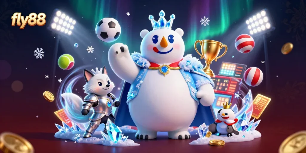 Experience thrilling gameplay with fly88's vibrant casino world featuring a royal polar bear and fox.