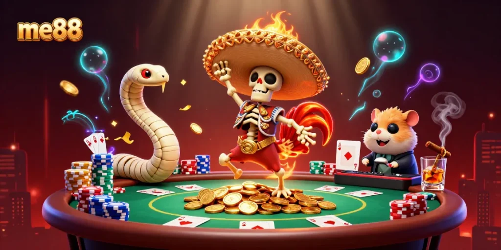 Celebrate wins at me88 with a vibrant casino dance scene featuring lively characters and poker elements.
