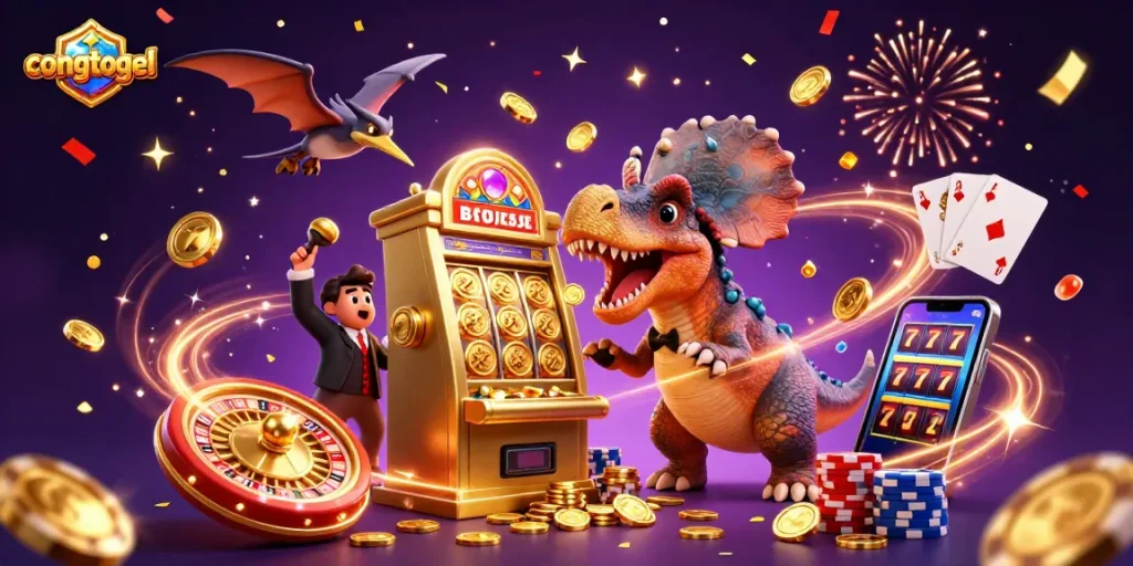 Experience jackpots with congtogel as a cartoon dinosaur interacts with a golden slot machine.