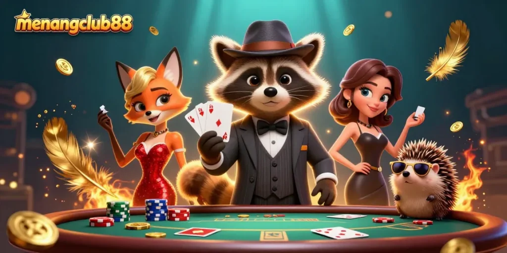 Win big at menangclub88 with this vibrant 3D casino illustration capturing thrilling poker action.