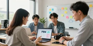 PBN link building service collaboration in a modern SEO office with a team analyzing strategies.