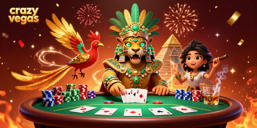 Experience exciting poker action with crazyvegas featuring a Mayan jaguar priest and colorful chips.