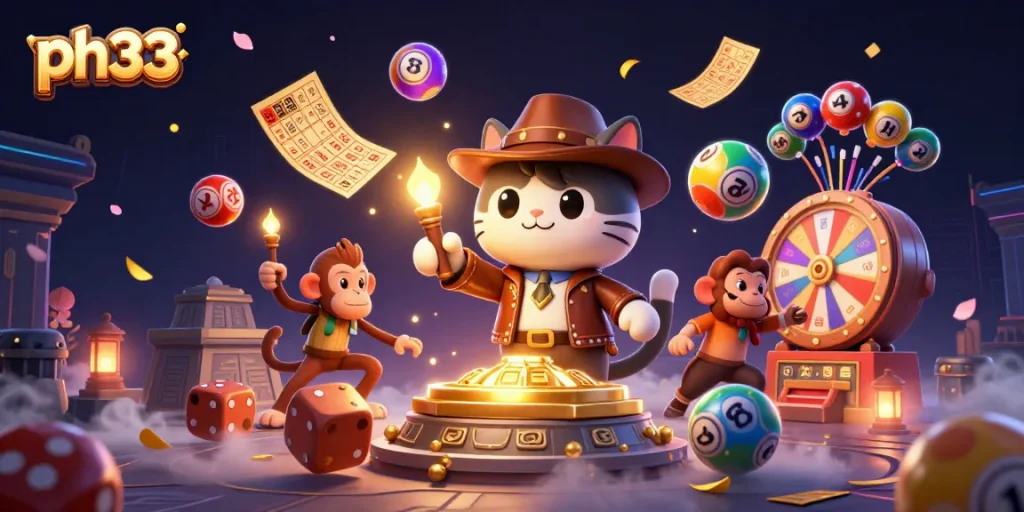 Engage with thrilling games at ph33, featuring vibrant lottery balls and golden treasures.
