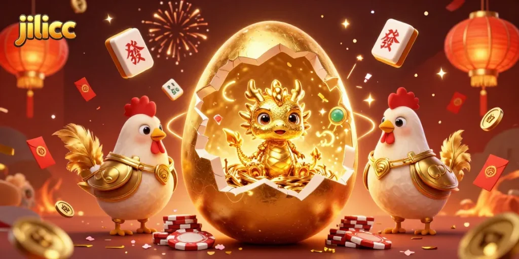 Experience thrilling wins with jilicc, showcasing a golden dragon and poker chips amid festive casino elements.