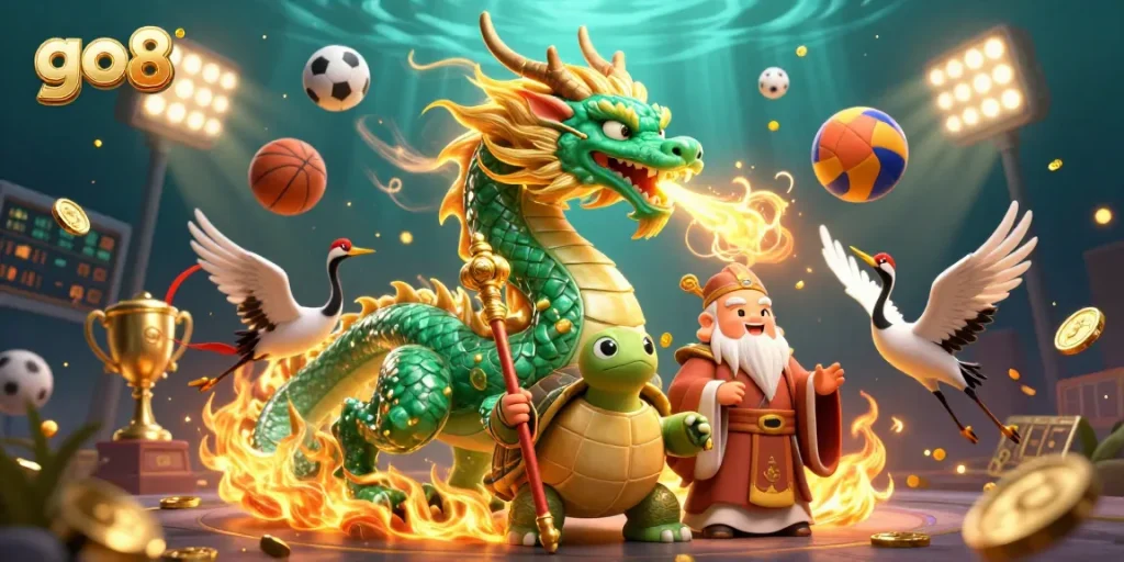 Engage with the excitement of go8's dynamic sports betting scene featuring a jade dragon and lucky symbols.