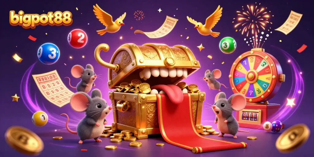 Engage with bigpot88's exciting world of gaming, featuring adventurous mice and vibrant lottery elements.