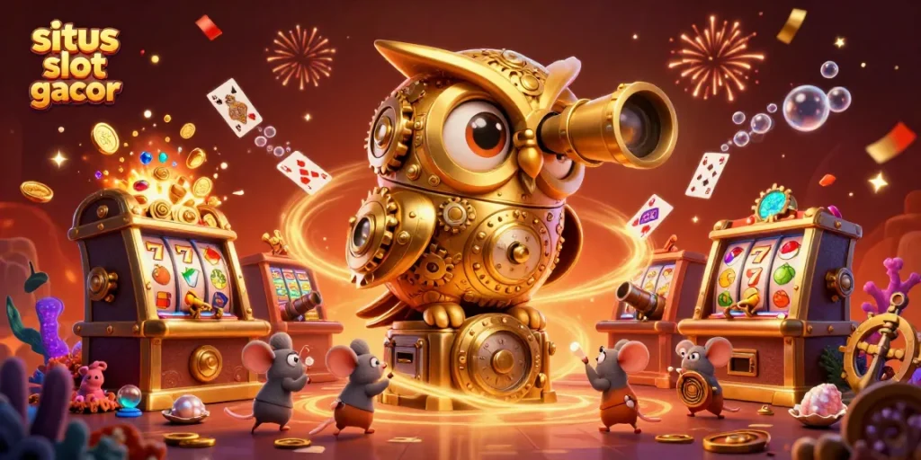 Engage with situs slot gacor in a vibrant 3D casino scene featuring a golden owl and playful mice.