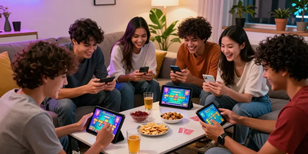 Play now Teen Patti Gold with friends in a lively home gaming scene.