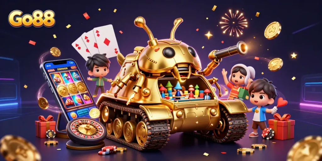Engage with the vibrant world of Go88 in a dazzling casino-themed 3D illustration.