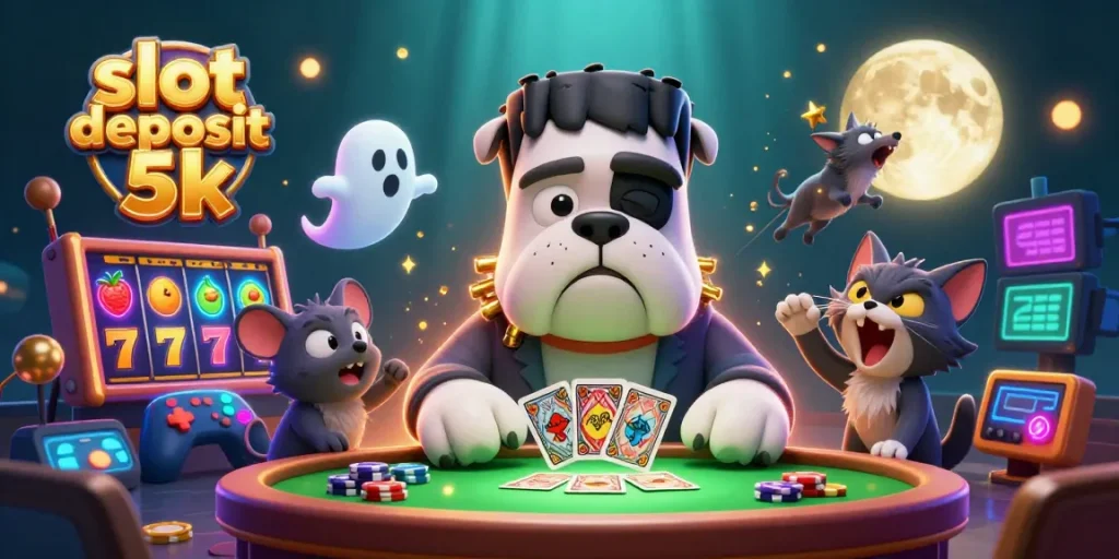 Engage in thrilling slot deposit 5k action with a whimsical 3D casino scene featuring a Frankenstein bulldog and ghost mouse.