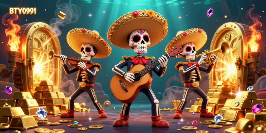 Engage in thrilling action at BTY0991, featuring a vibrant mariachi band amidst gold treasures and gems.