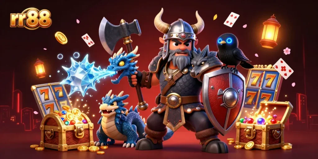 Experience the excitement of rr 88 with a Viking wolf, dragon, and treasure in this vibrant casino scene.