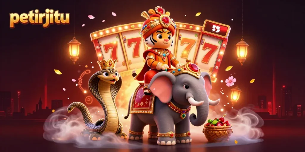 petirjitu menghadirkan ilustrasi kasino yang dramatis dengan harimau dan gajah, slot jackpot berkilauan