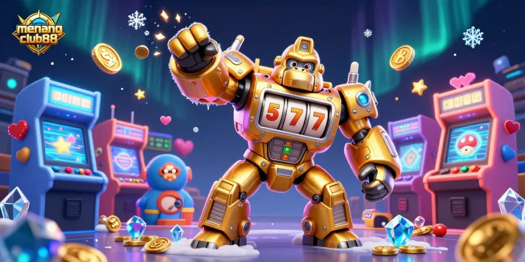 Engage with menangclub88's fun gaming experience featuring a golden gorilla mech and arcade elements.
