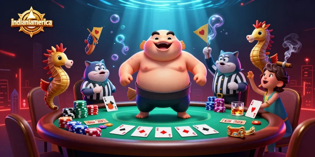 Indulge in the excitement of gambling with the vibrant underwater casino scene featuring indianiamerica's unique characters.
