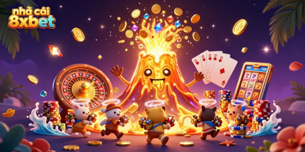 Experience excitement at nhà cái 8xbet with dazzling coins and treasures erupting in a 3D casino scene.