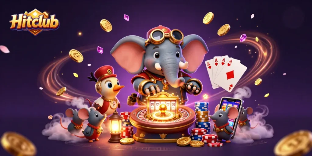 Experience excitement with Hitclub as cartoon characters engage in vibrant casino fun, spinning slots and flying coins.