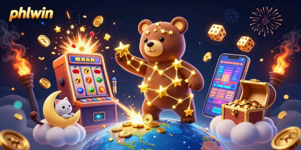 Experience the magic of phlwin with a vibrant 3D casino scene featuring a jackpot slot machine, golden treasures, and whimsical characters.