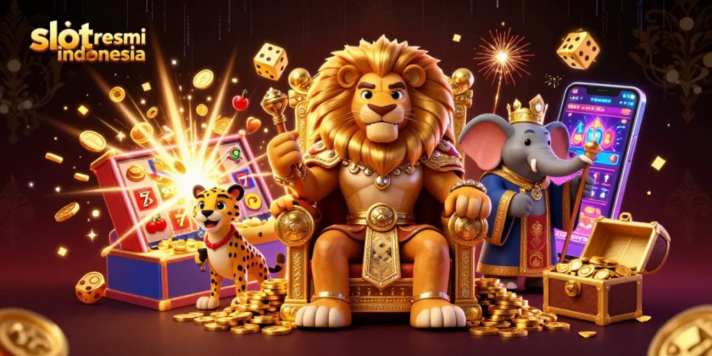 Menangkan jackpot dengan slot resmi Indonesia, simbol berkedip dan simbol keberuntungan berterbangan di latar belakang.