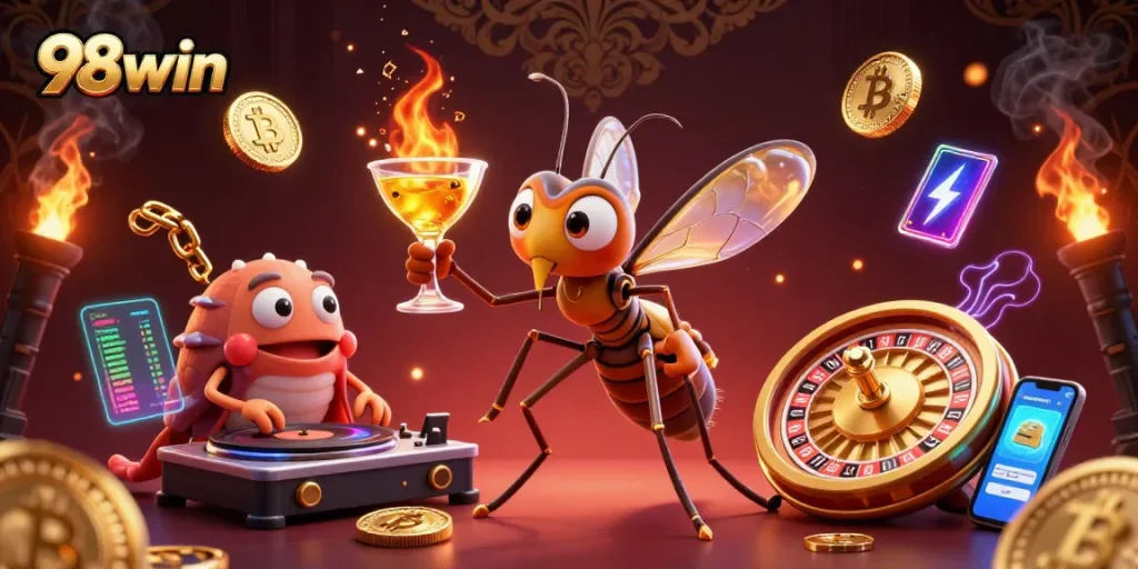 Experience the thrill of 98win through a dynamic casino-themed illustration featuring engaging characters and elements.